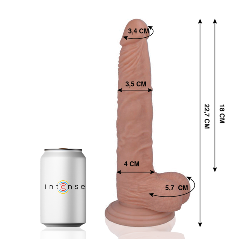 Intense-merkkinen dildo, 22,7 cm pitkä, realistinen muotoilu ja kiinteä tekstuuri, sopii aikuisille käyttöön.