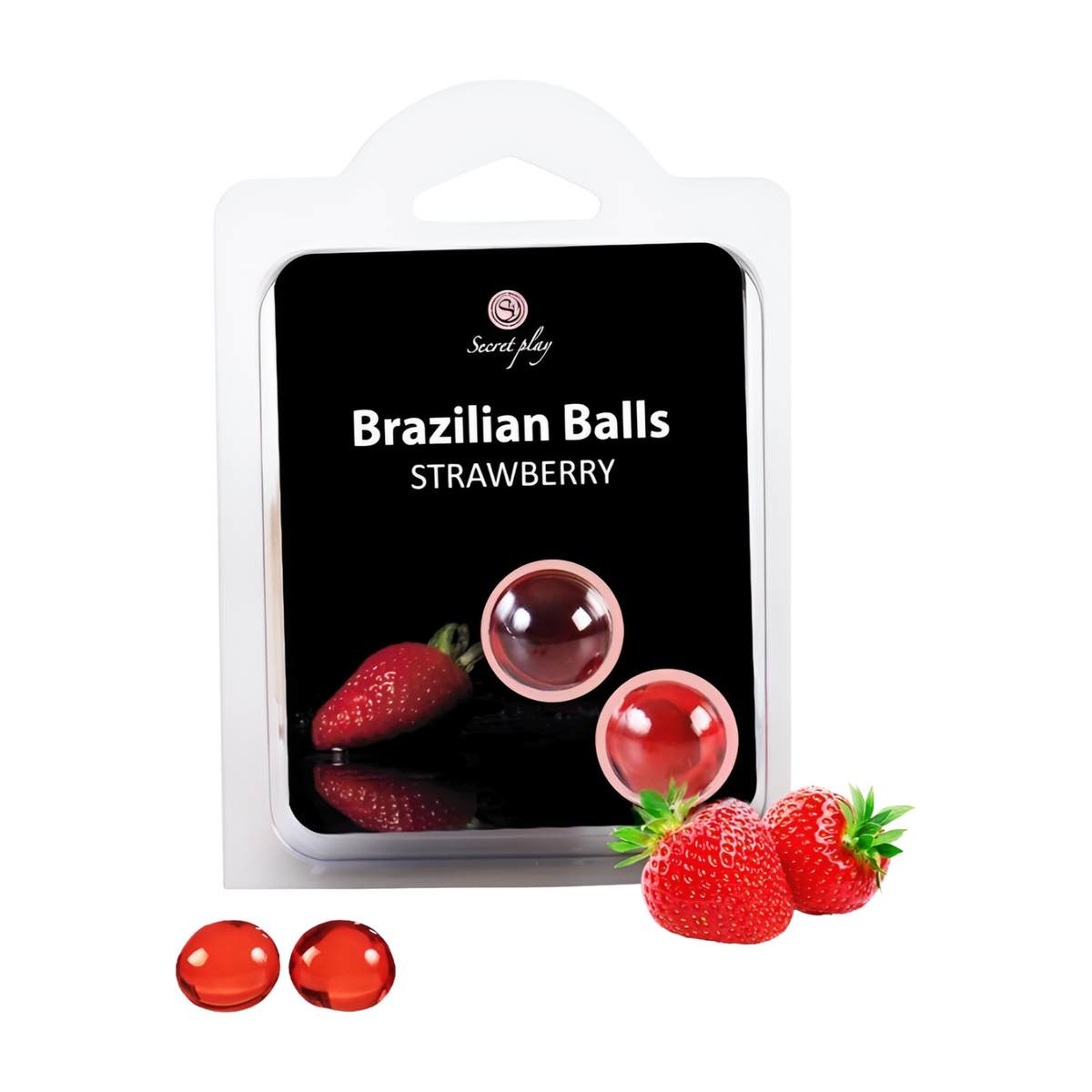 Strawberry massage oil balls by Secretplay, showcasing colorful packaging and product details on a white background.