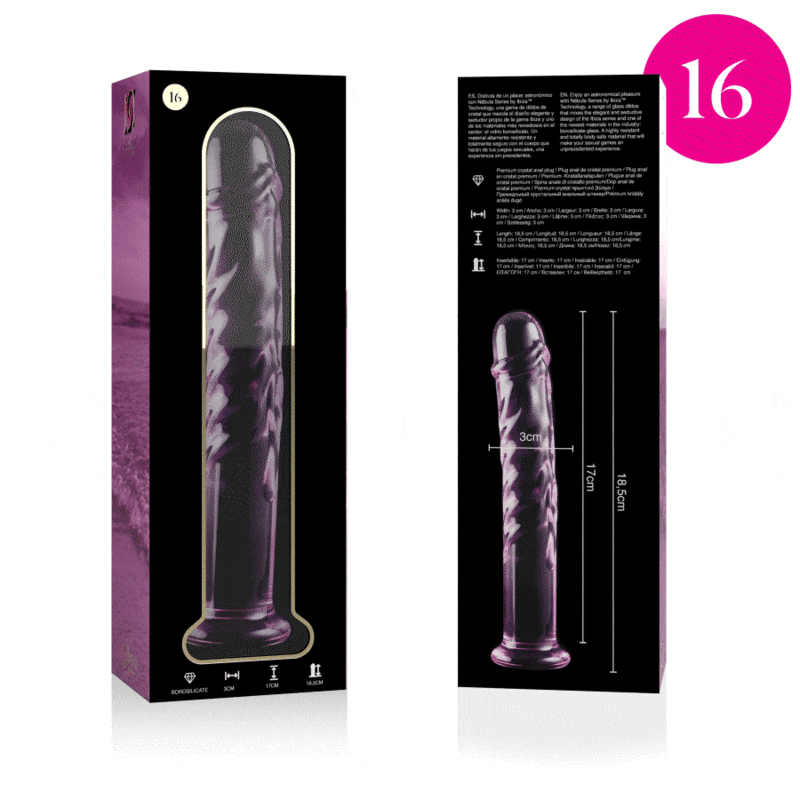 Lasinen NEBULA Dildo Nebula 16, tyylikäs ja aistikas dildo, kirkas ja kiiltävä lasimateriaali.