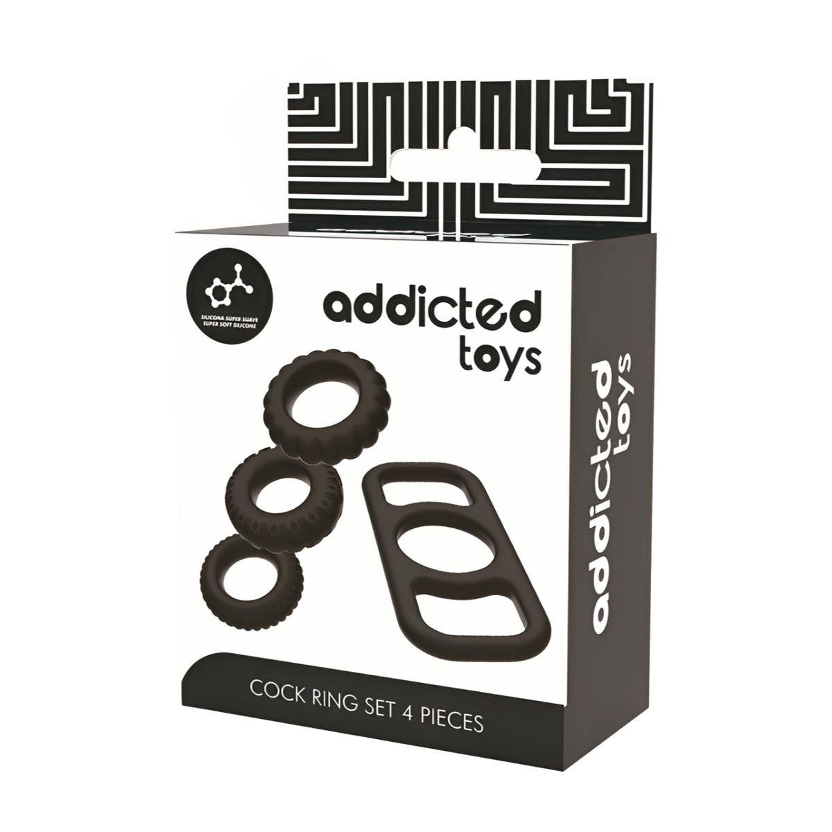 Neljä osainen ADDICTED TOYS penisrengassetti, eri kokoisia ja tyylejä lisäjännitykseen ja kestävyyteen.