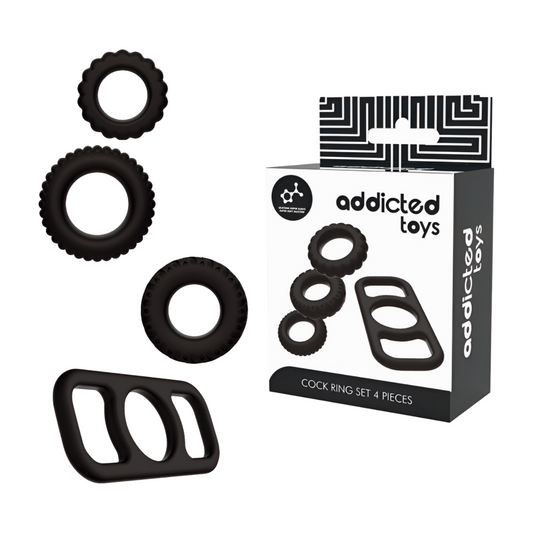 Neljä osainen ADDICTED TOYS -penisrengas setti, erilaisia penisrenkaita seksilelu ja nautintoväline.