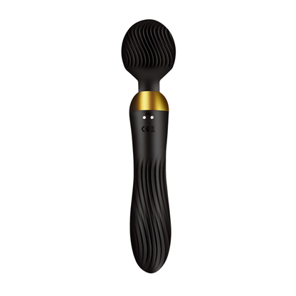 VIBRAATTORI PLEASUREZ Powerwand, musta, ergonominen muoto ja voimakas värinä, näkyy kuvan nimettömän mallin kanssa.