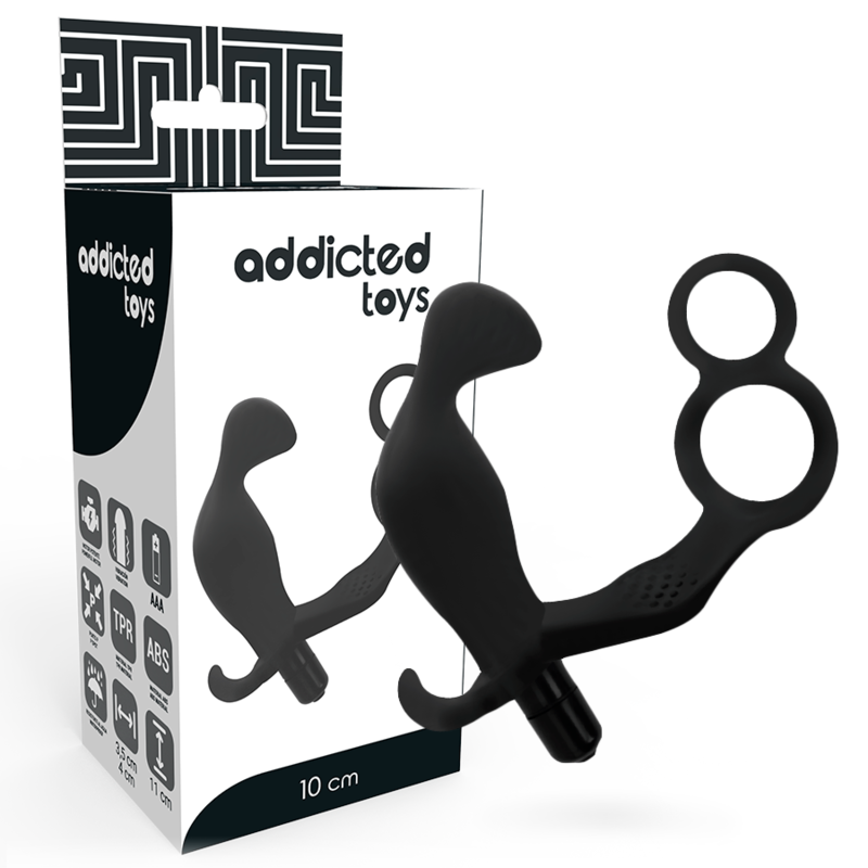 Addicted Toys - Anaalitappi penisrenkaalla vibraattorilla, musta silikoninen anaalitappi, joustava ja ergonominen käyttöön.
