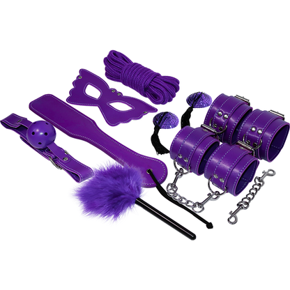 Violetti BDSM Fetissi-setti EXPERIENCE-merkkinen, sisältää rajoitus- ja sitomistarvikkeita BDSM-harjoituksiin.