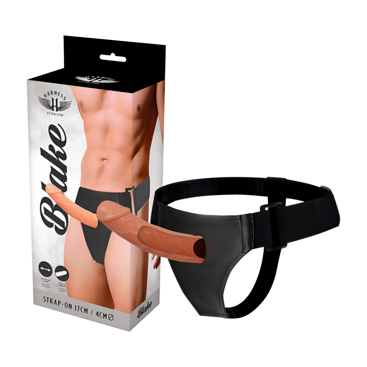 Penisjatske Blake 15,5 cm, HARNESS ATTRACTION strap-on, kuvassa näkyy dildo ja harness-rakenne.
