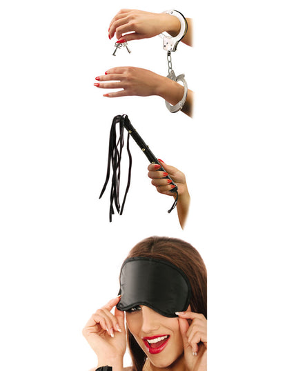 FETISH FANTASY SERIES BDSM bondage-setti, sisältää rihmoja ja sitomistarvikkeita, musta ja nahkainen seksilelu.
