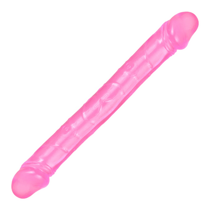 Kaksipäinen PLEASUREZ dildo mustavärisenä, realistinen dildo, kuva näkyy etu- ja takaosasta.
