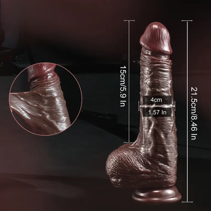 Liikkuva nahkainen dildo, musta, Pleasurez-merkkinen, realistinen muoto ja yksityiskohdat.