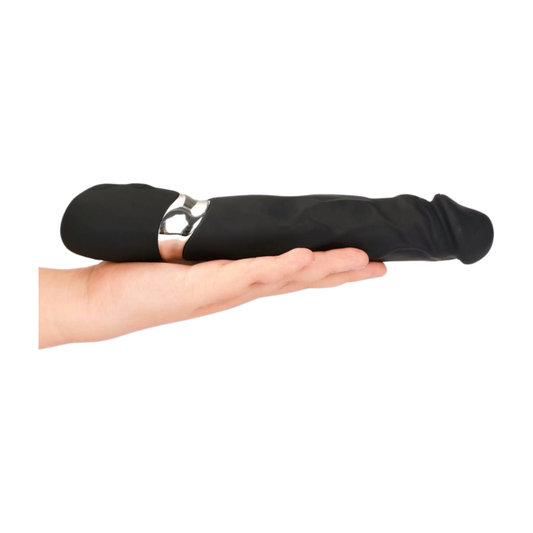 Black Pleasurez dildo vibrator featuring a sleek design and textured surface for enhanced stimulation.