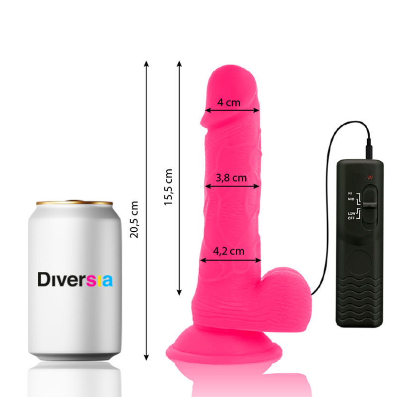 DIVERSIA-merkkinen dildo, 20 cm pitkä, vaalea ja realistinen dildo kuvituskuvassa, valmistettu turvallisesta materiaalista.