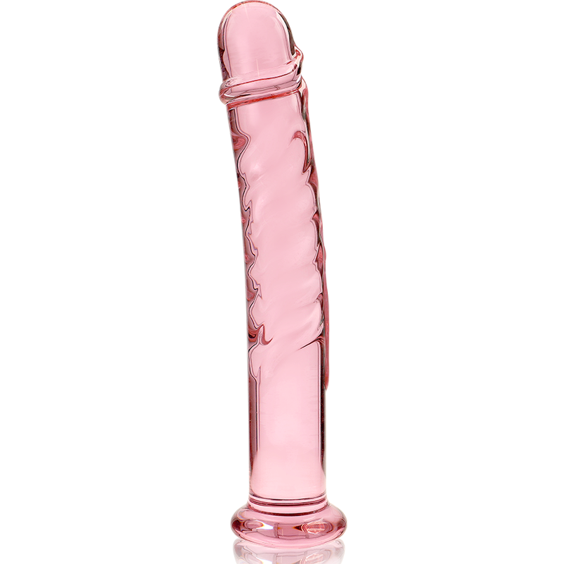 Lasinen NEBULA Dildo Nebula 16, kirkas ja muotoiltu seksilelu, näkyy selkeästi kuvassa.