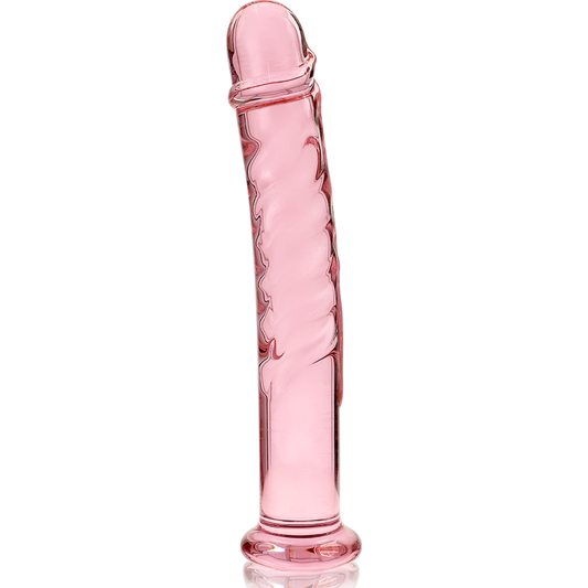 Lasinen NEBULA Dildo Nebula 16, kirkas ja muotoiltu seksilelu, näkyy selkeästi kuvassa.