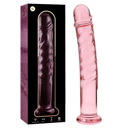 Lasinen NEBULA Dildo Nebula 16, tyylikäs ja aistikas dildo, näkyvissä kirkas ja muotoiltu lasinen rakenne.