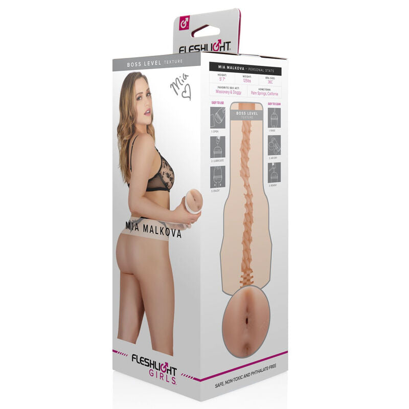 Fleshlight Girls MIA MALKOVA anal-masturbaattori, realistinen tekstuuri ja pehmeä materiaali, kuvassa tuotteen etupuoli.