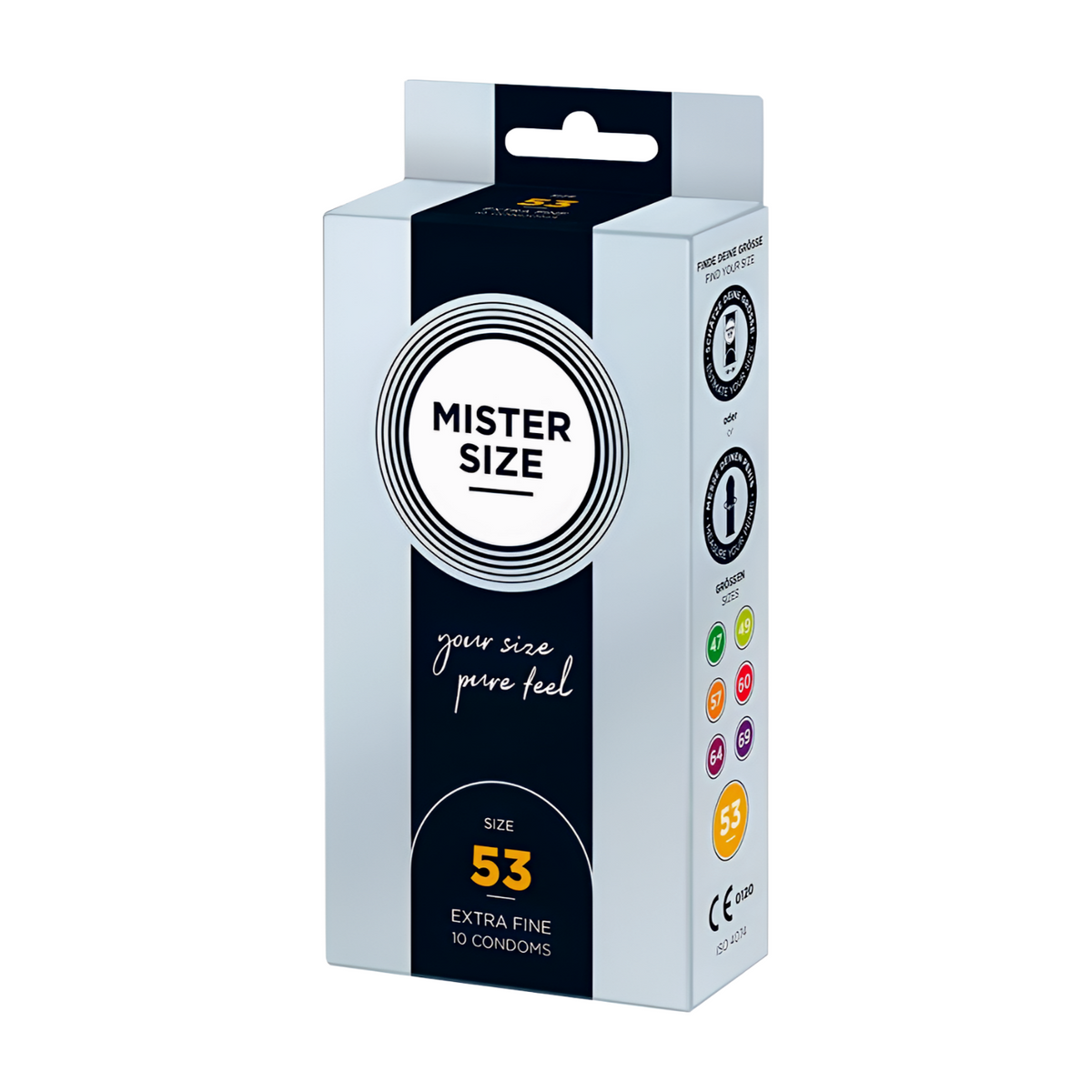 Kondomit MR SIZE Mister Size 53, normaalikokoiset lateksikondomit, näkyvissä pakkauksessa.