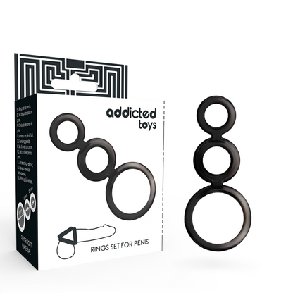 Musta penisrenkaiden setti ADDICTED TOYS, sisältää eri kokoisia penisrenkaita seksuaalisen nautinnon lisäämiseksi.