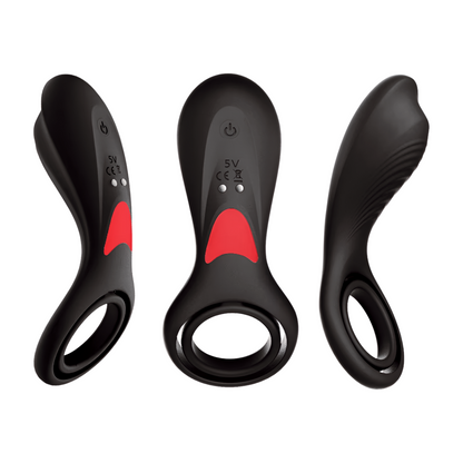 Pleasurez Penisrengas Vibraattori Duo, a men's sex toy with vibrating features, shown in a sleek black design.