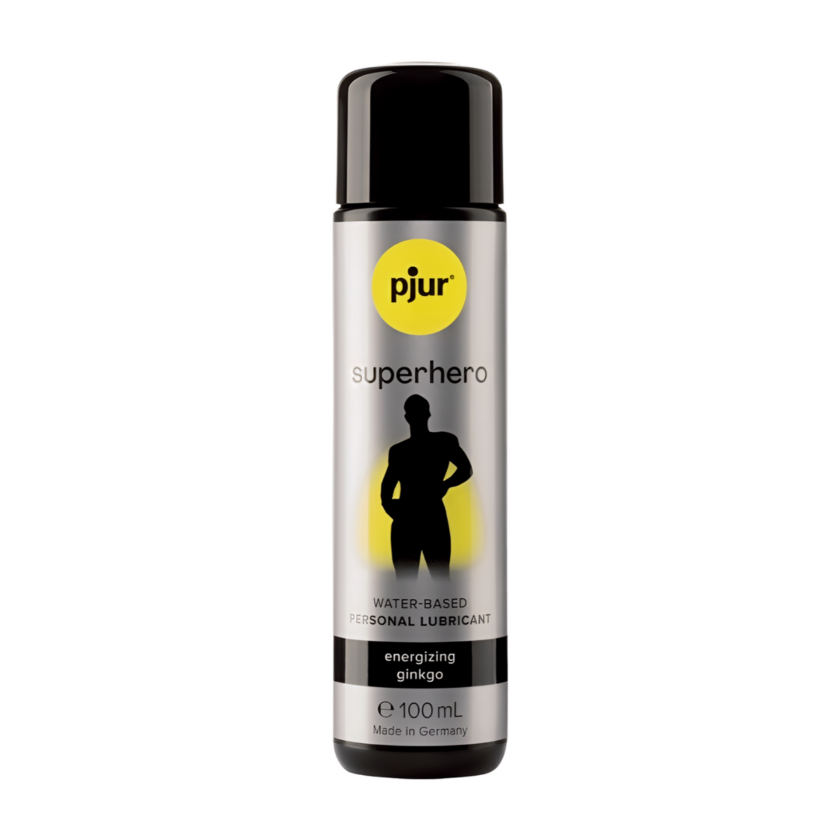 Pjur SUPERHERO 100ml liukuvoide, muovinen pullo ja etiketti, käyttövalmis ja kosteuttava liukuvoide.