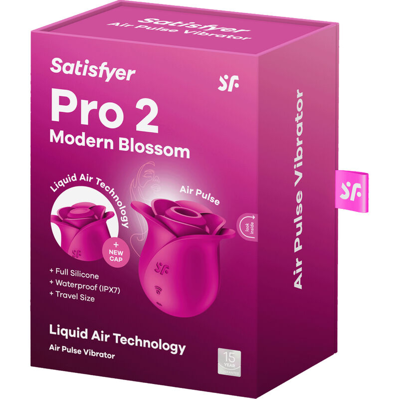 Naisten seksilelu SATISFYER PRO 2 MODERN BLOSSOM, verkkokalvoinen kuva seksilelun muotoilusta ja tekstuurista.