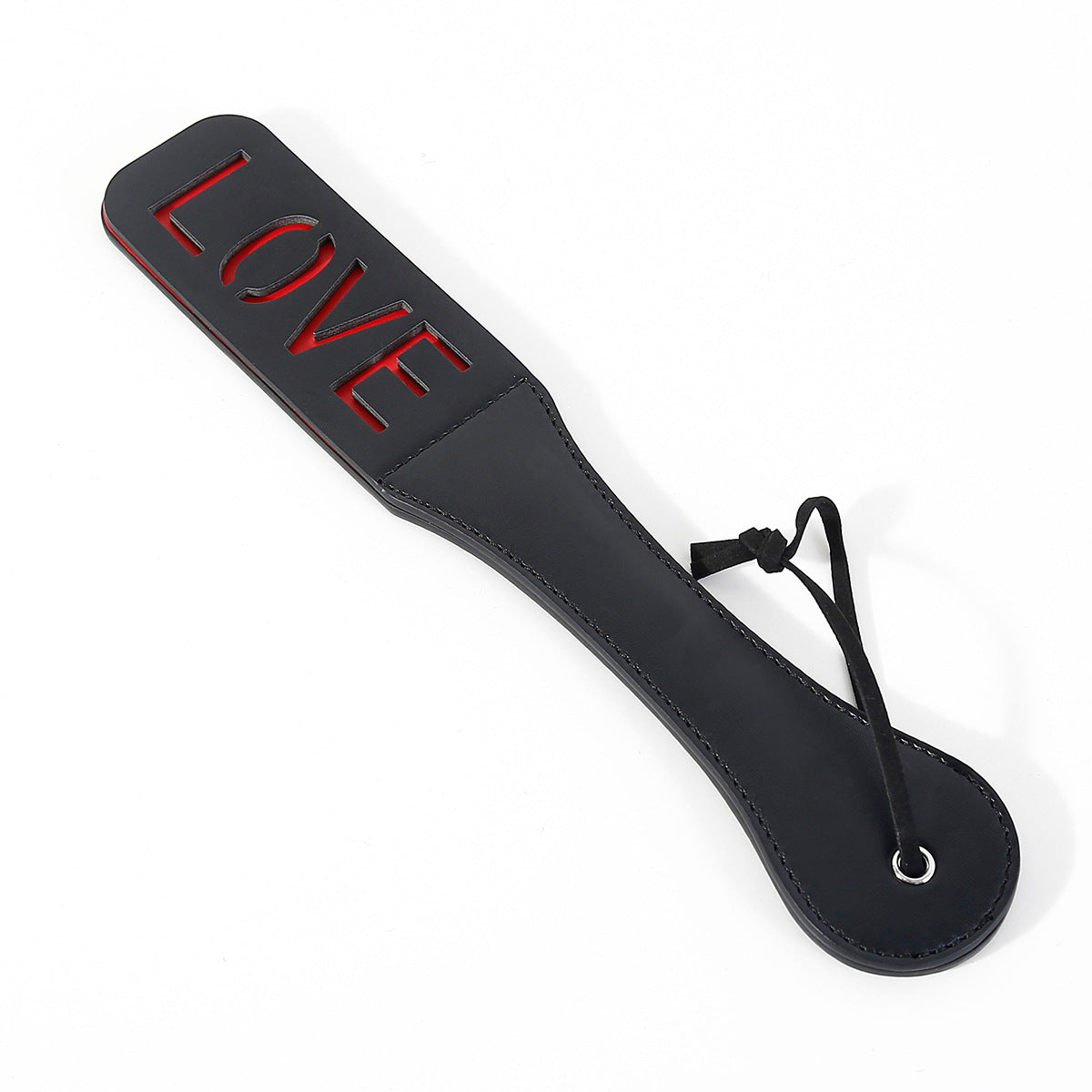 BDSM-lätkä PLEASUREZ-merkiltä, musta nahkainen ja solmittava, tarkoitettu BDSM-leikkeihin, näkyy selkeästi kuvassa.