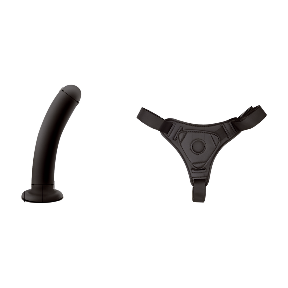 Punainen strap-on dildo PLEASUREZ-merkiltä, intiimi seksilelu, esillä kuva, jossa dildo on kiinnitetty strap-on-olkaimeen.