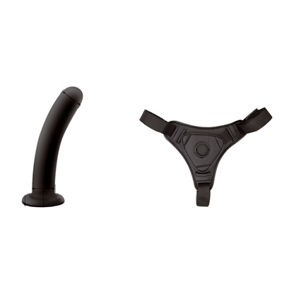 Punainen strap-on dildo PLEASUREZ-merkiltä, intiimi seksilelu, esillä kuva, jossa dildo on kiinnitetty strap-on-olkaimeen.