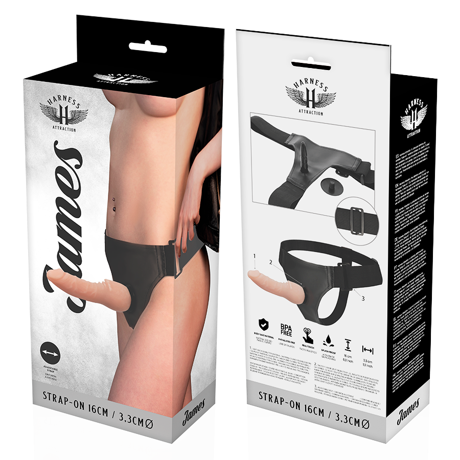 Naisten seksilelu, HARNESS ATTRACTION Strap-On James 16 cm, dildo ja hihna, realistinen muoto ja pehmeä materiaali