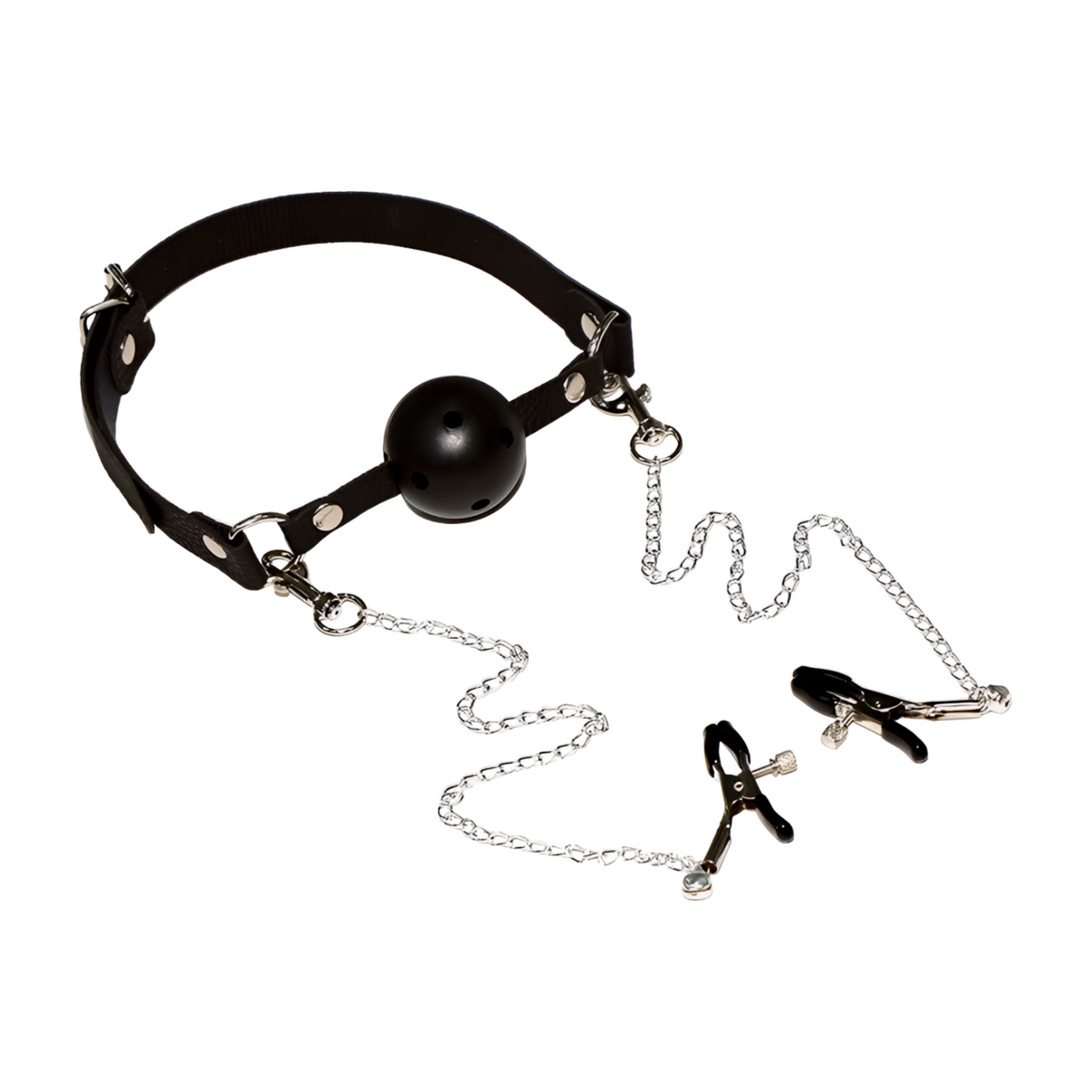 BDSM-suupallo ja nänni puristimet PLEASUREZ-merkkiset, metalliset ja kiristävät lelut BDSM-harrastuksiin.