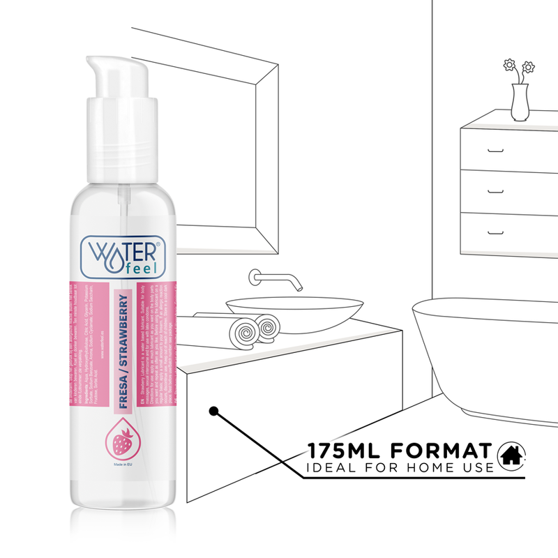 Vesiliukoinen mansikkaliukuvoide WATERFEEL 175 ml, pullossa, sopii intiimiin käyttöön.