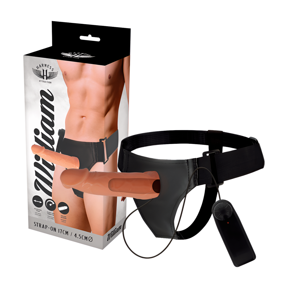 Harjoitusharjonnassa käytettävä William 17cm penisjatke strap-on HARNESS ATTRACTION -merkkisestä miesten seksilelusta.